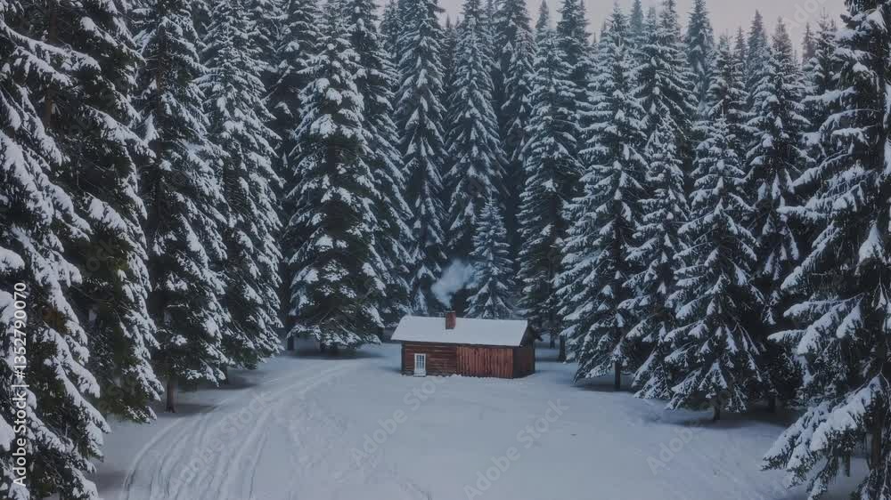 A quaint, cozy cabin nestled amidst tall, snowcovered trees in a beautiful, tranquil winter wonderland scene A quaint, cozy cabin nestled amidst tall, snowcovered trees in a beautiful, tranquil winter wonderland scene