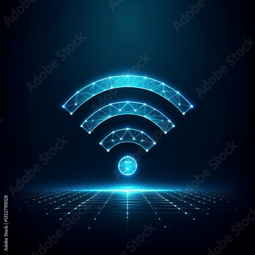 Abstract vector futuristic glowing low polygonal wifi symbol isolated on dark blue
