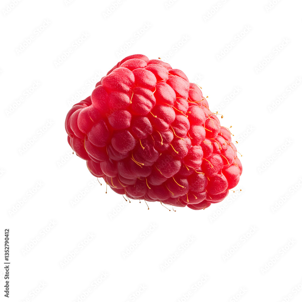 A vibrant, isolated raspberry showcasing its plump texture and rich red color. The tiny hairs add delicate detail. A vibrant, isolated raspberry showcasing its plump texture and rich red color. The tiny hairs add delicate detail.