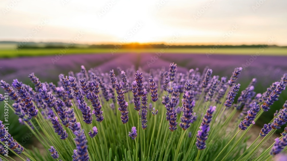 Naklejka premium A beautiful lavender field on an organic farm with vibrant flowers and serene landscape under a clear blue sky