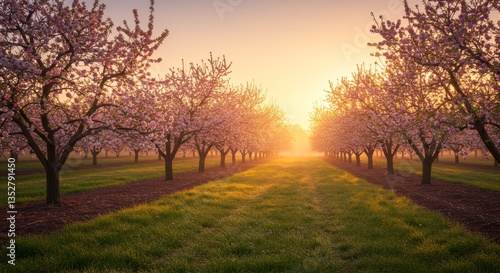 Blossoming Orchard Sunrise - Spring sunrise over a vibrant orchard, symbolizing renewal, growth, beauty, peace, and tranquility