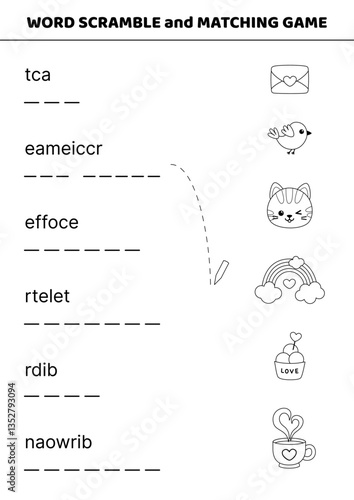 Black and white word scramble and matching game with ice cream, bird, cup. Vector