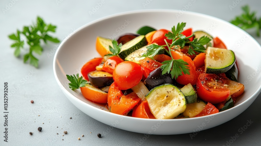 A beautifully presented ratatouille with vibrant colors fresh vegetables herbs and an artistic arrangement on a rustic wooden table setting A beautifully presented ratatouille with vibrant colors fresh vegetables herbs and an artistic arrangement on a rustic wooden table setting