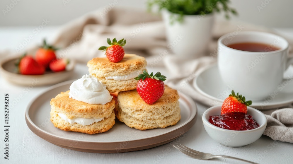 A beautifully styled high tea setup with scones a plate of strawberries and a cup of tea perfect for elegant gatherings and special occasions A beautifully styled high tea setup with scones a plate of strawberries and a cup of tea perfect for elegant gatherings and special occasions