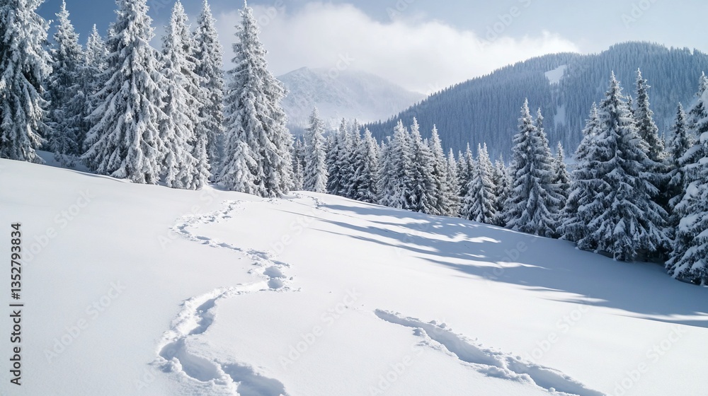 Winter Wonderland: Snow-Covered Pines and Mountain Vista Winter Wonderland: Snow-Covered Pines and Mountain Vista