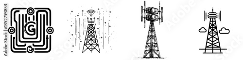 Various designs of communication towers showcasing modern technology and their interactions with signals in different styles