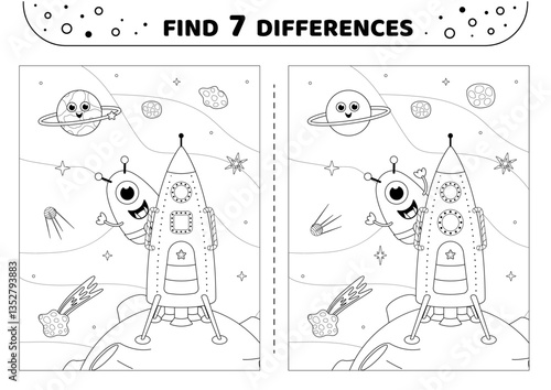 Find 7 differences. Black and white. Funny alien on rocket in space. Game for kids. Isolated vector illustration eps 10