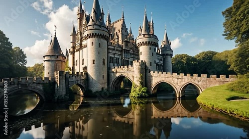 Picturesque medieval castle reflecting in a calm moat under a blue sky