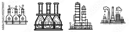 Chemical laboratory equipment and industrial facilities presented in a linear design showcasing various scientific processes and structures