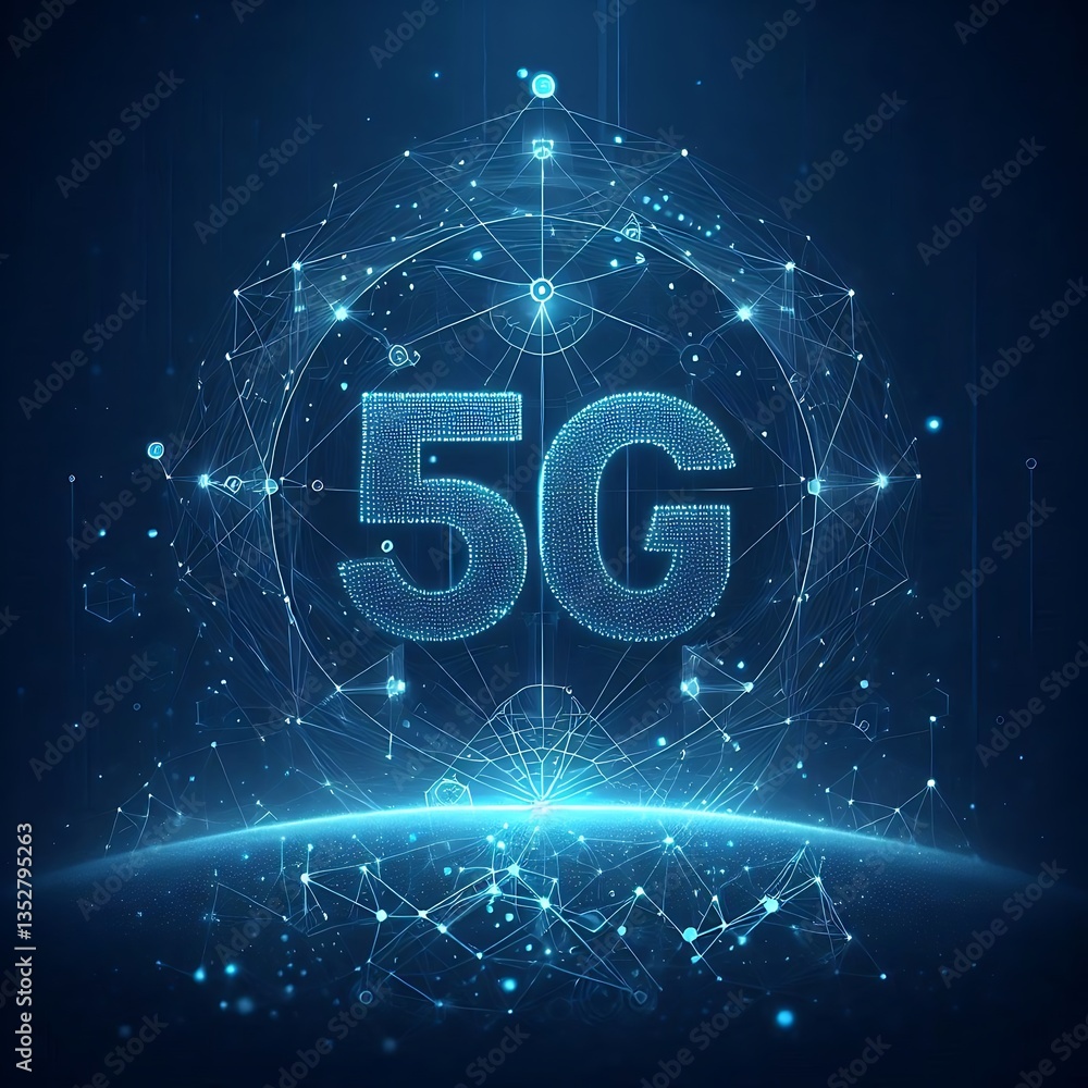 Fototapeta premium Abstract vector futuristic glowing low polygonal fast 5g internet connection concept on dark blue background