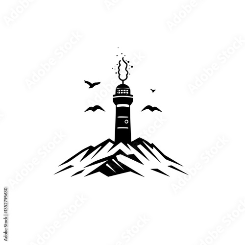 Lighthouse stands tall on rugged mountains with smoke rising into the sky, surrounded by birds in a dramatic landscape