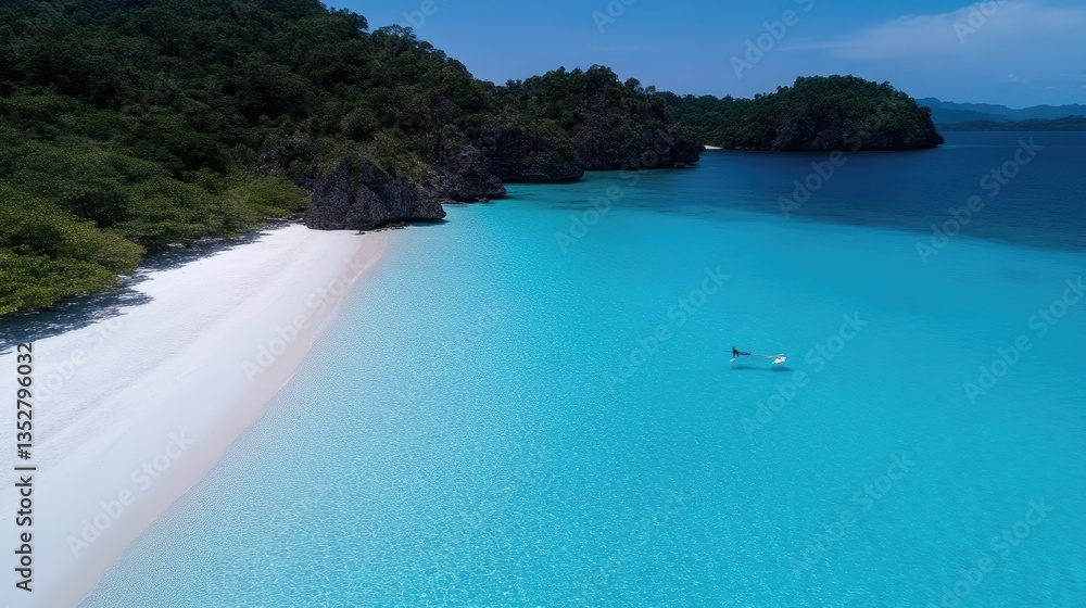 Fototapeta premium Aerial view of a pristine white sand beach meeting turquoise ocean water next to a lush green tropical forest under a clear blue sky.