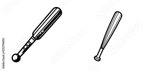 Baseball bat and wooden bat illustration side by side showing different designs and sizes useful for sports and training