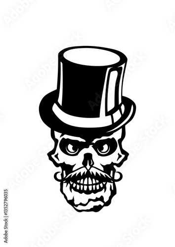 Tete de mort moustache oeil méchant crane chapeau