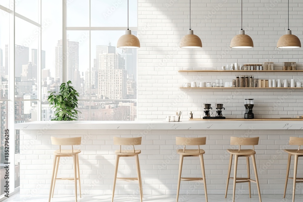 Modern cafe bar with city view, spacious interior, and wooden accents Modern cafe bar with city view, spacious interior, and wooden accents
