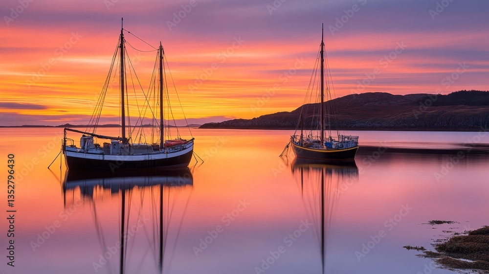 Serene sunset over calm waters with two anchored boats silhouetted against vibrant sky Serene sunset over calm waters with two anchored boats silhouetted against vibrant sky