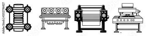 Industrial machinery illustrations depicting various types of rollers and presses used in manufacturing