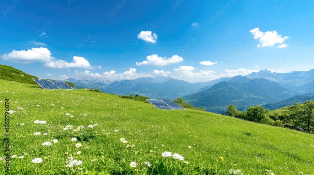 Fototapeta premium Solar panels installed on a lush green mountain meadow under a bright blue sky.