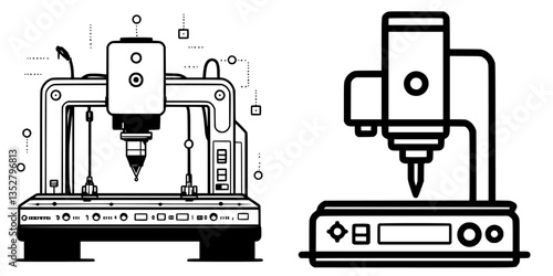 Detailed illustration of a CNC machine and a digital laser engraver in a modern workshop setting