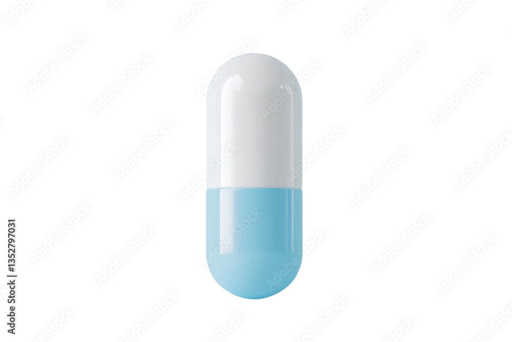 Single blue and white capsule pill on black background, cut out Single blue and white capsule pill on black background, cut out