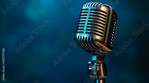 Close-up of vintage microphone on stand against blue background.