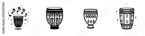 Collection of hand-drawn traditional drums with musical notes and decorative patterns displayed on a clean background