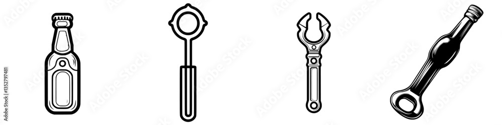 Various bottle openers and tools displayed on a white background for a product showcase Various bottle openers and tools displayed on a white background for a product showcase