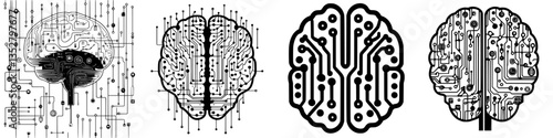 Detailed illustrations of human brains showcasing innovative technology and digital circuits in a conceptual art style