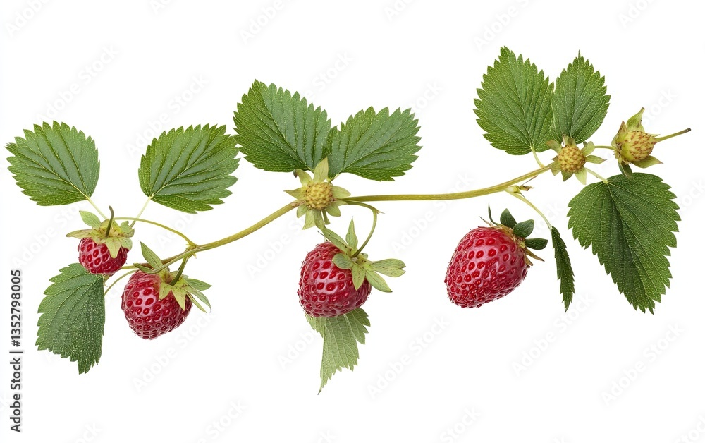 Fresh Strawberries on Stem, Isolated, White Background Fresh Strawberries on Stem, Isolated, White Background