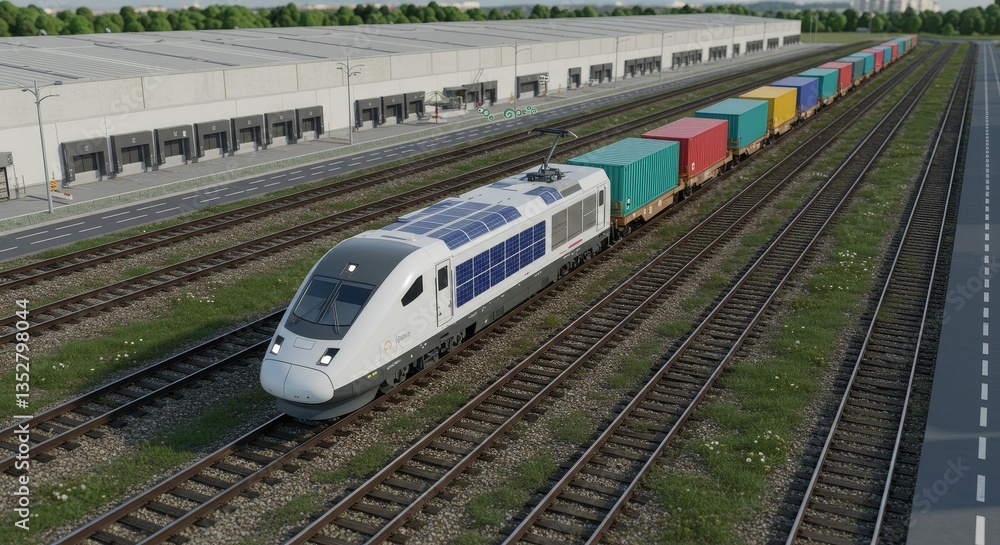 Fototapeta premium Efficient Freight Train Transportation: Solar Powered Logistics - Modern solar-powered freight train efficiently transports goods via rail, symbolizing sustainable supply chain, green logistics