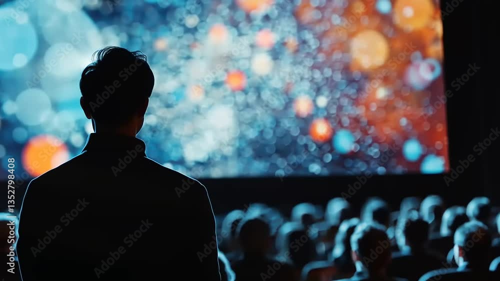 Silhouette of a Man Watching a Vibrant Projection in a Crowded Auditorium Silhouette of a Man Watching a Vibrant Projection in a Crowded Auditorium