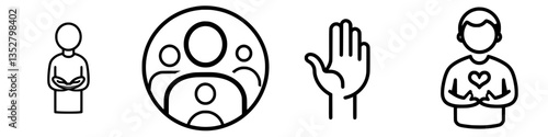 Collection of simple line illustrations representing community involvement and support, suitable for various purposes