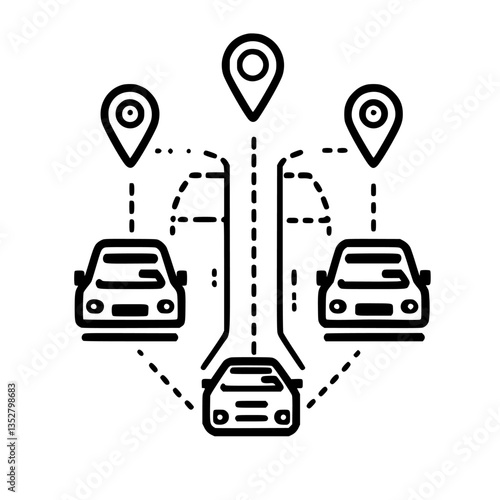 Cars navigating through a city with multiple routes and location markers during peak traffic hours
