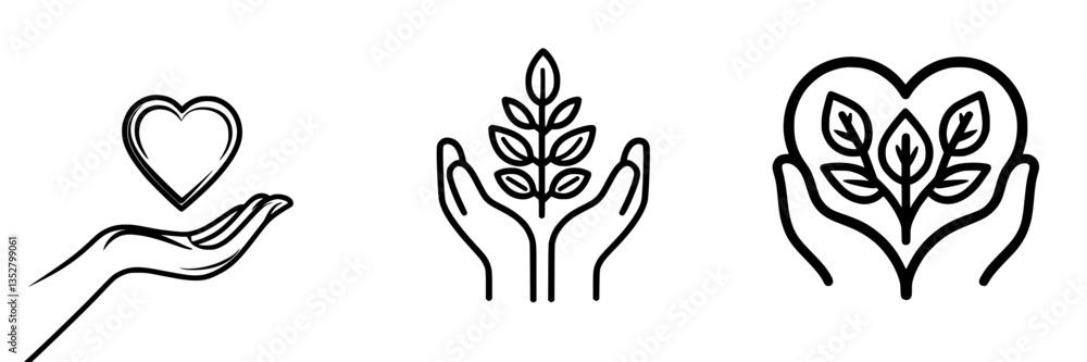 Heart symbols representing care for nature and the environment with hands in a minimalist design Heart symbols representing care for nature and the environment with hands in a minimalist design