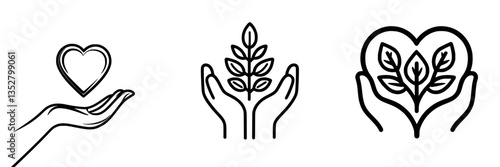 Heart symbols representing care for nature and the environment with hands in a minimalist design