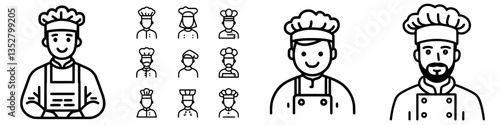 Illustrations of various chefs in different styles and poses, showcasing culinary creativity and professionalism in a kitchen setting