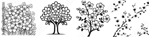 Detailed black and white illustrations of various flowering plants and trees with intricate designs and artistic elements