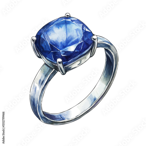 A watercolor vector painting of a classic sapphire ring, isolated on a white background. Classic sapphire ring vector.


