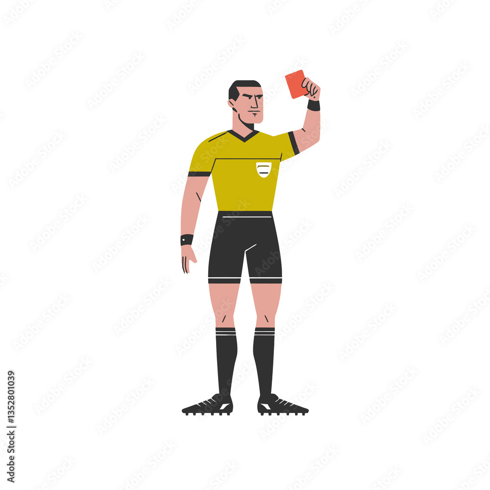 A soccer referee in a yellow jersey and black shorts holds up a red card, indicating a penalty. A soccer referee in a yellow jersey and black shorts holds up a red card, indicating a penalty.