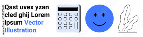 Calculator, blue happy face, abstract plant illustration, and placeholder text combining playful and professional elements. Ideal for education, tech, finance, creativity, positivity minimalistic