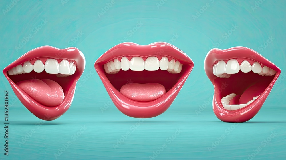 Fototapeta premium Three Open Mouths Smiling with White Teeth on Blue Background
