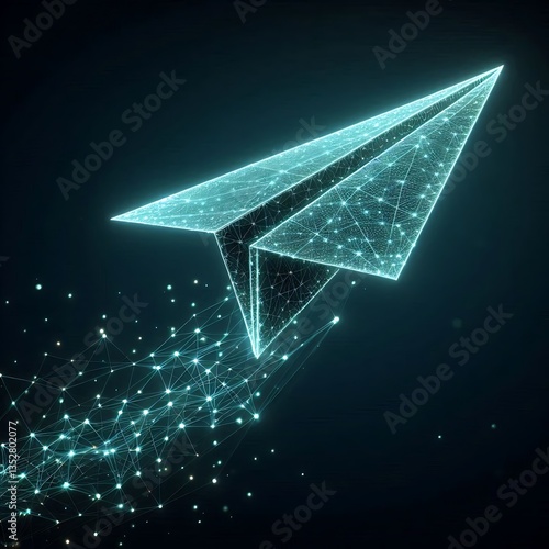 Abstract image of a aircraft origami in the form of a starry sky or space, consisting of points, lines, and shapes in the form of planets, stars and the universe