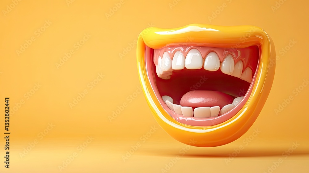 Naklejka premium Laughing Mouth Open Wide Showing Teeth and Tongue on Yellow Background