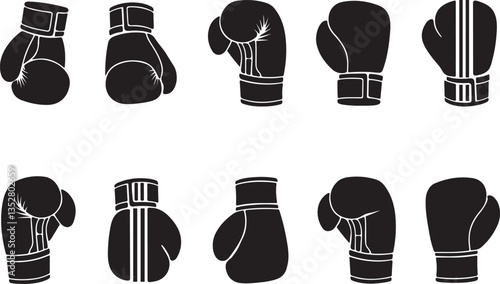 Boxing Gloves Vector Black Silhouettes on white background and Sports Equipment Icons for Fitness and Training
