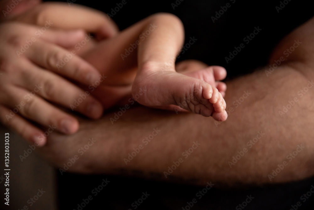 The newborn's little foot rests on the father's hand The newborn's little foot rests on the father's hand