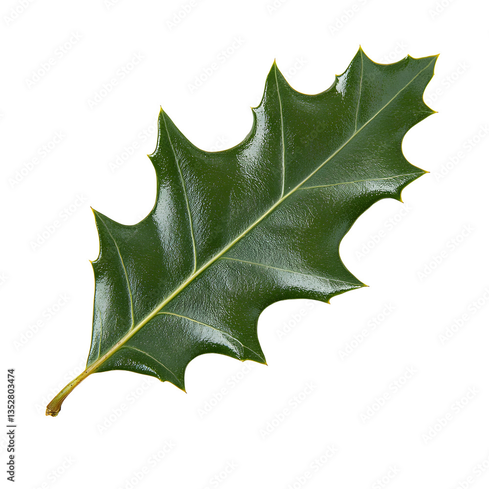 Fototapeta premium A vibrant green holly leaf with sharp, spiky edges,Its smooth, glossy surface reflects light, enhancing its natural beauty.