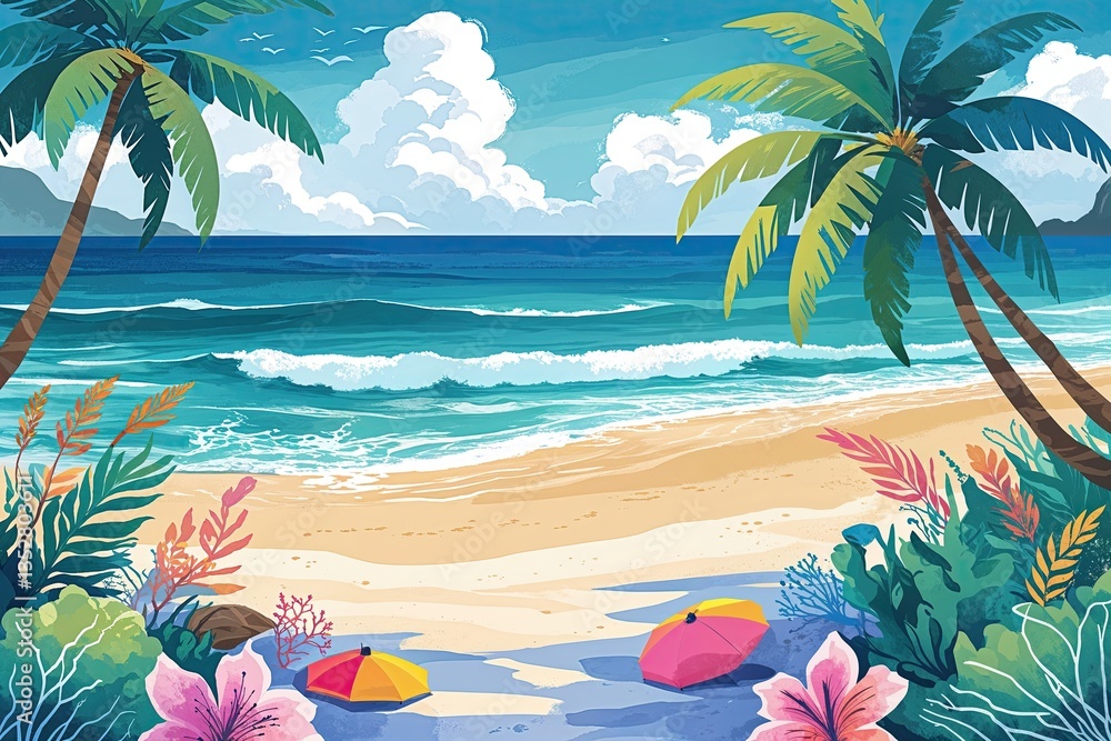 Naklejka premium Serene Illustrated Oceanic View with Beach Elements in Tranquil Pattern and Vibrant Colours