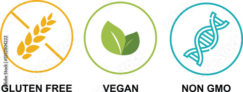 Vegan, Non-GMO, Gluten free - set of colorful pictograms for food packaging.