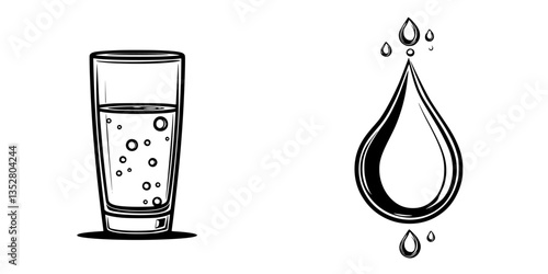 Glass of water and a droplet of water illustrated on a white background highlighting hydration and refreshment