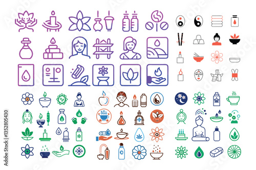 Colorful Collection of Spa and Wellness Line Icons Candles, Flowers, Oils, Stones & More